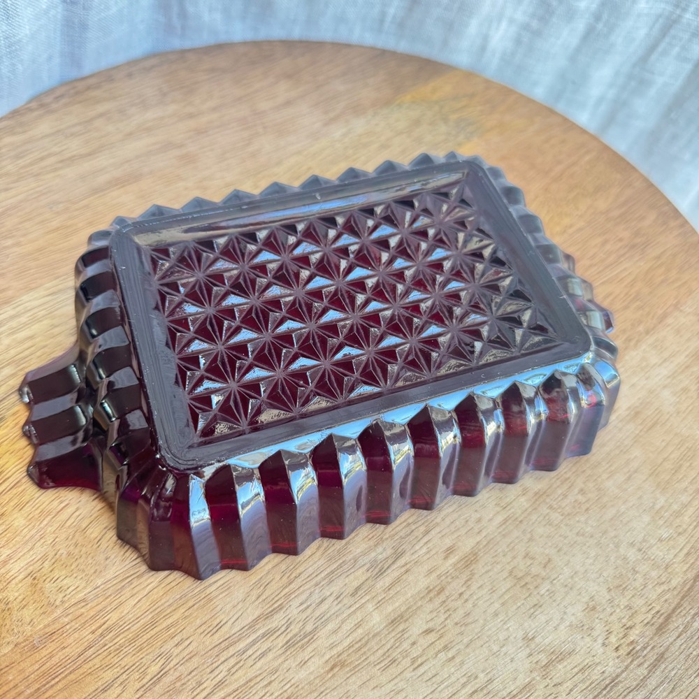 Vtg 1940's Anchor Hocking Royal Ruby Red Glass Rectangular Ribbed Relish Dish - Picture 3 of 6